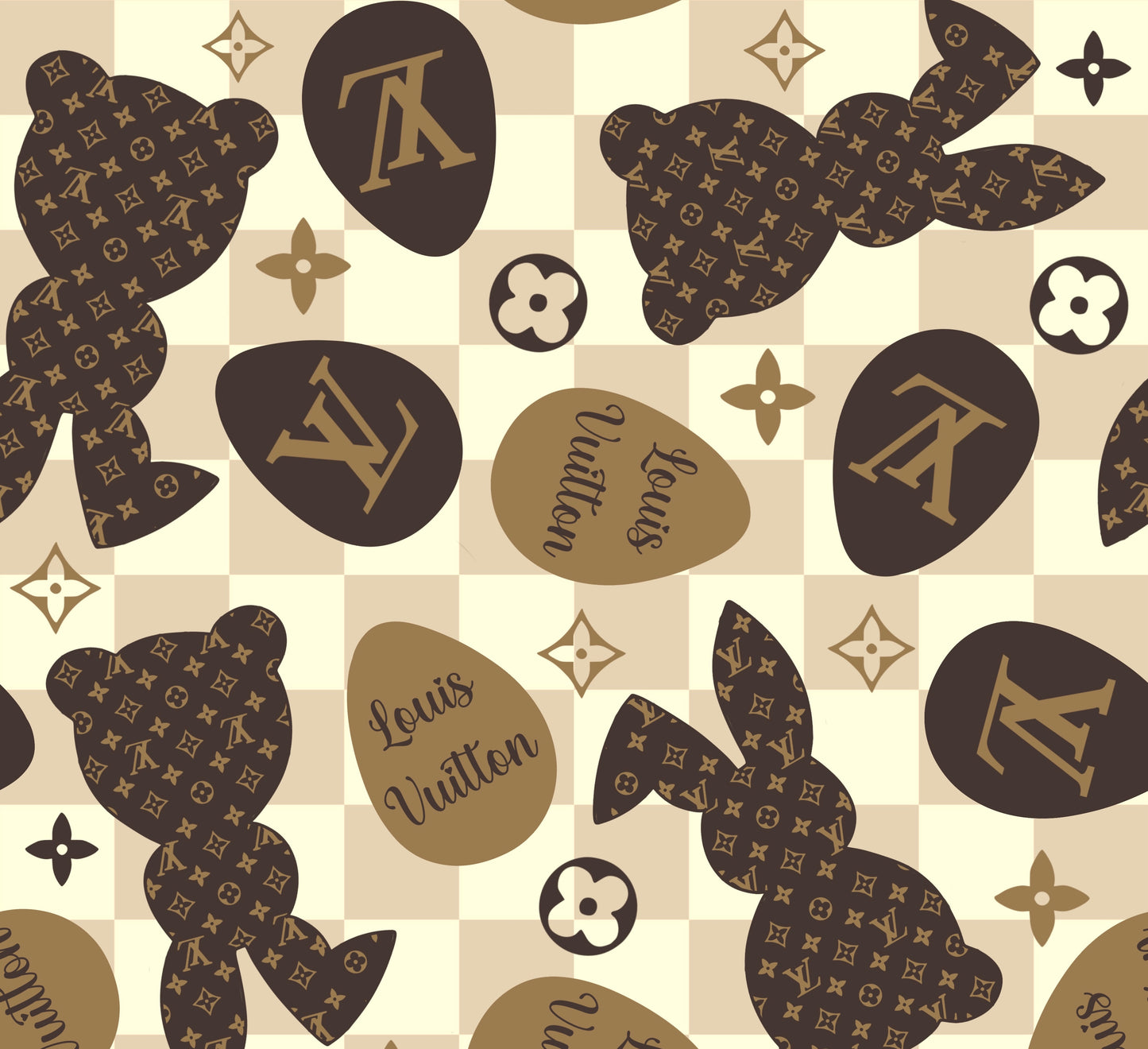 Tan checkered bougie bunny and eggs