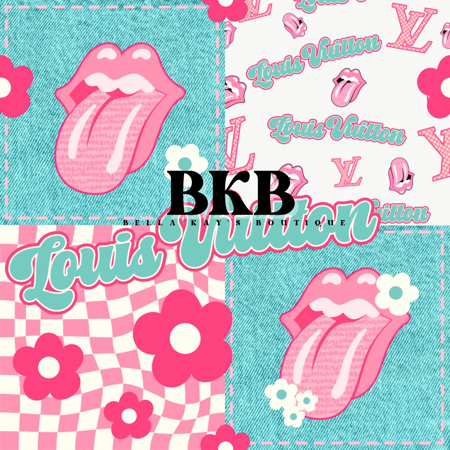 Teal & pink flower & checkered patchworklv