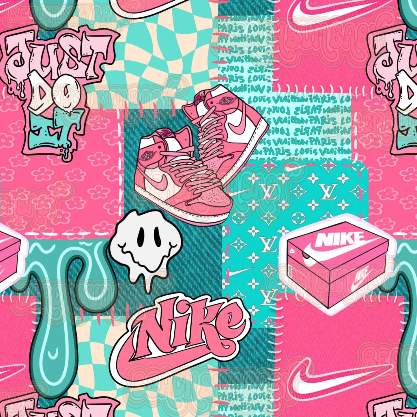 Teal & Pink shoe drip patch work Ollie romper