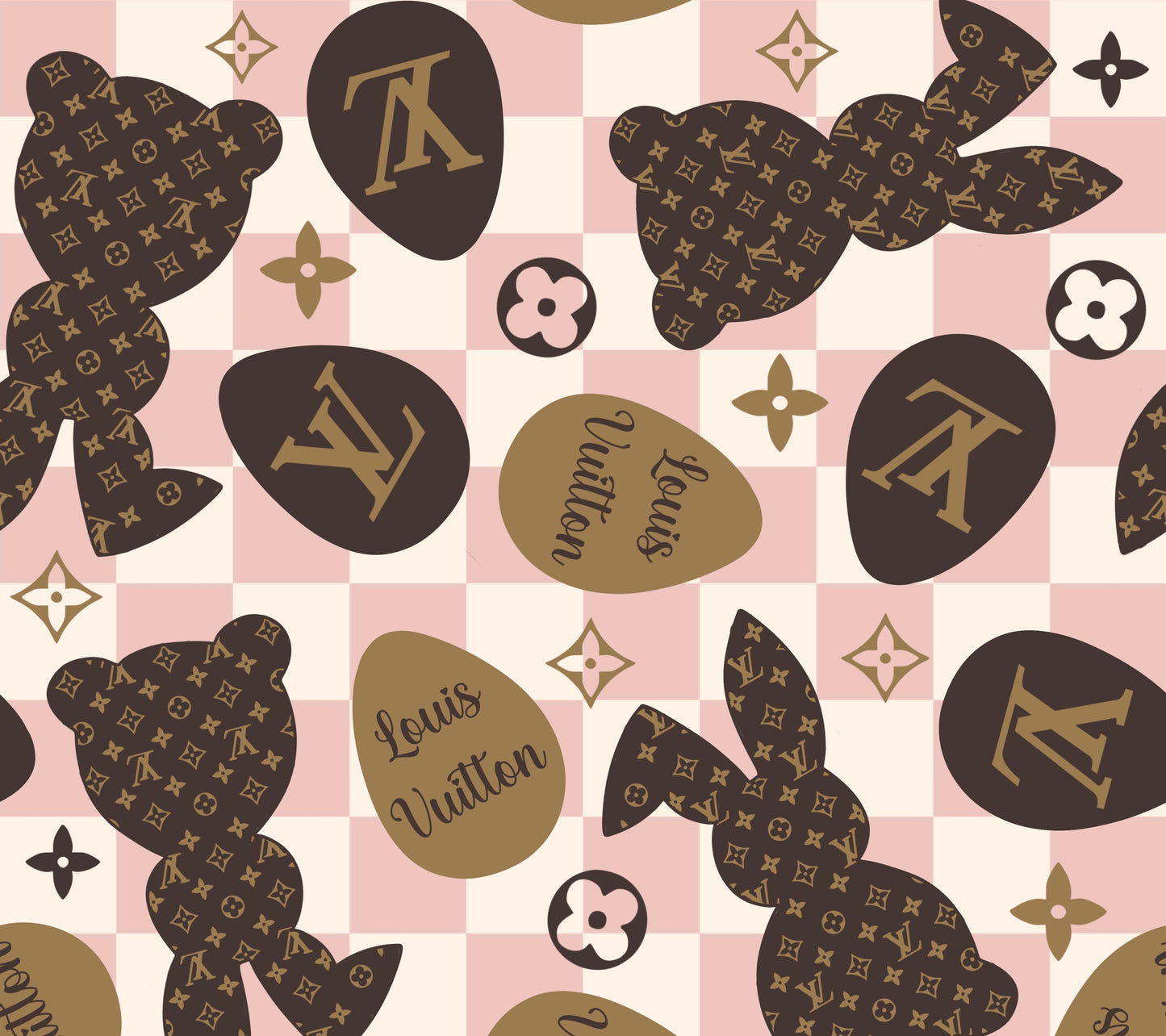 Pink & Tan checkered bougie bunny and eggs