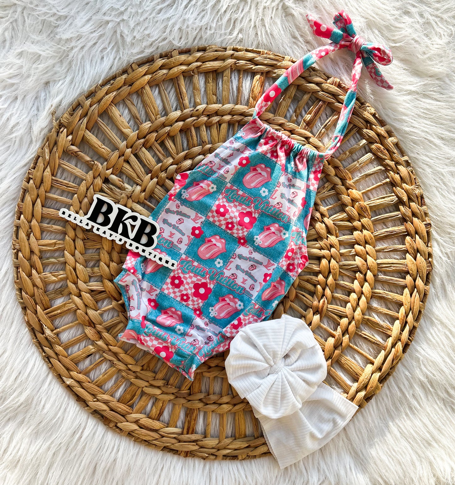 Light blue & pink patchworklv Halter Romper
