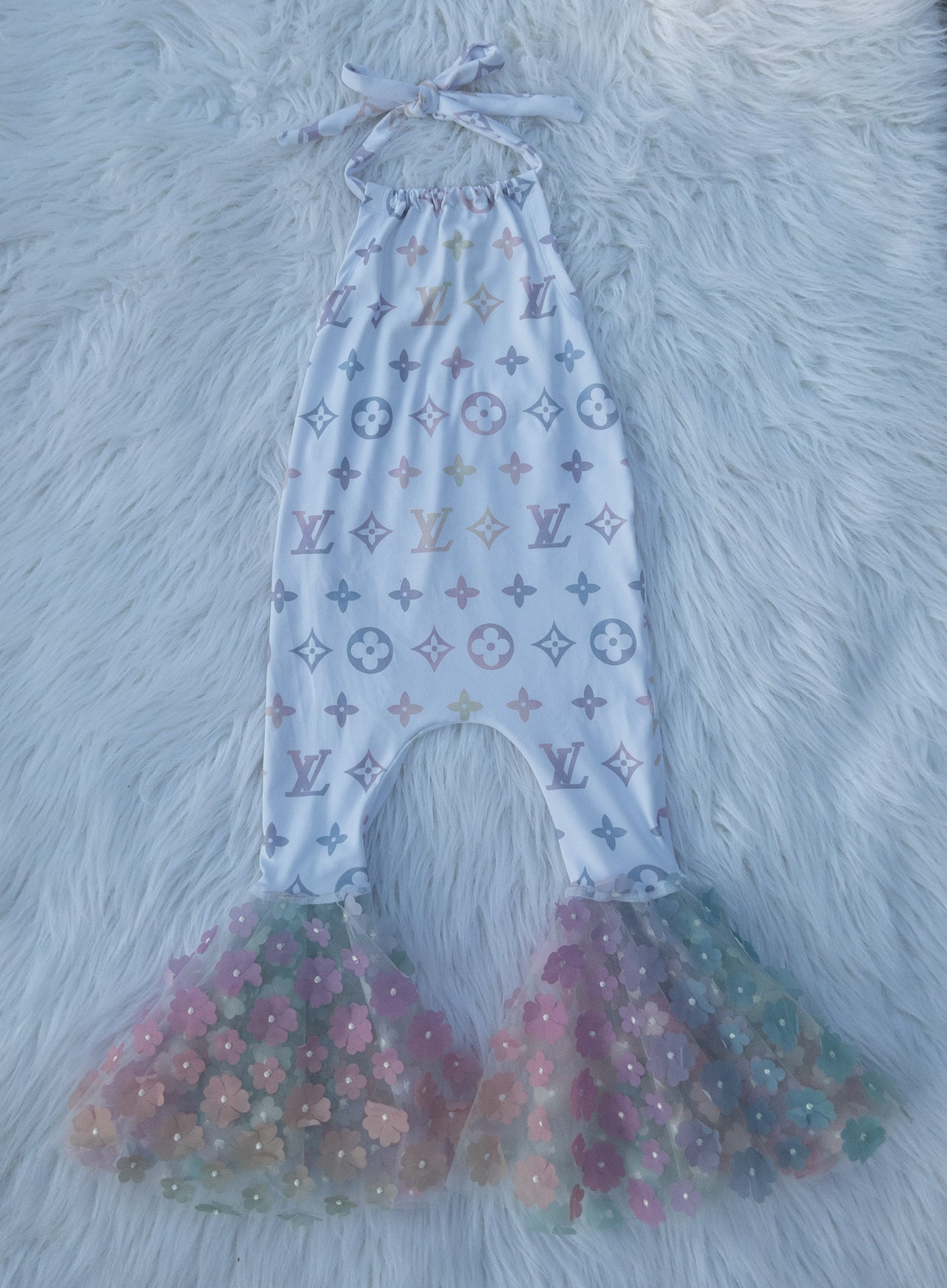 Frida Romper with rainbow flower mesh