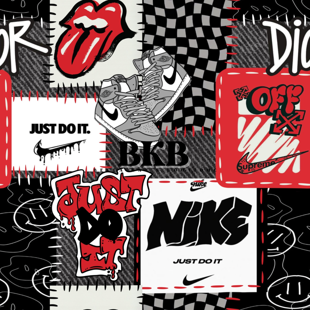 Red & black off w & swoosh inspired patchwork