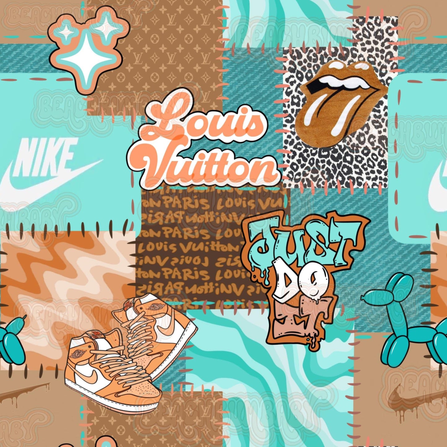 Brown & teal shoe drip patch work biker shorts