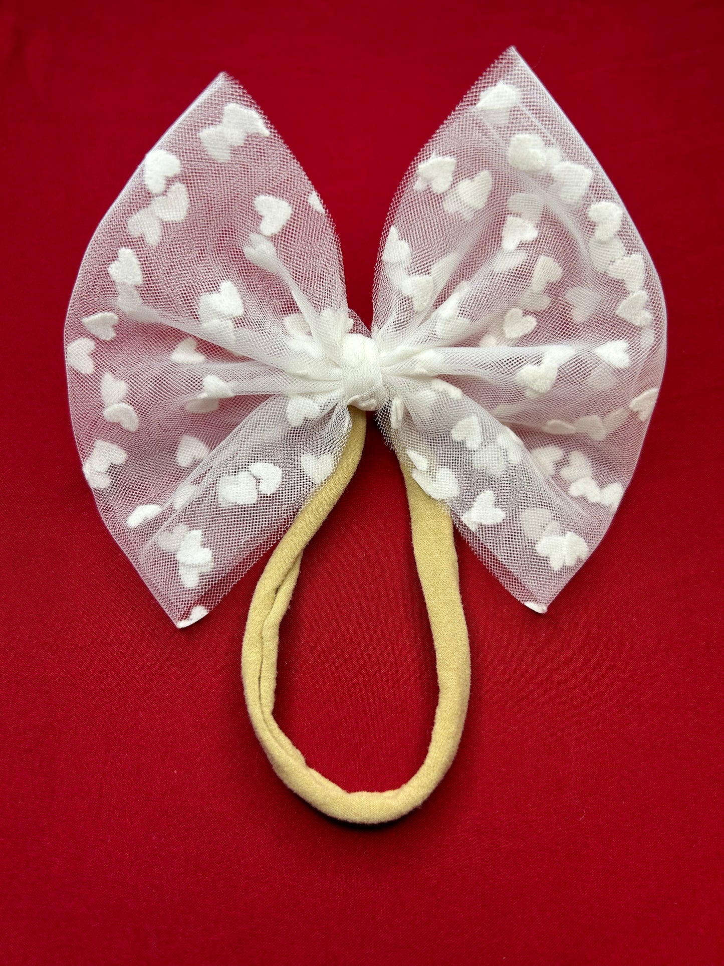 White w white hearts mesh nylon bow 5in RTSV