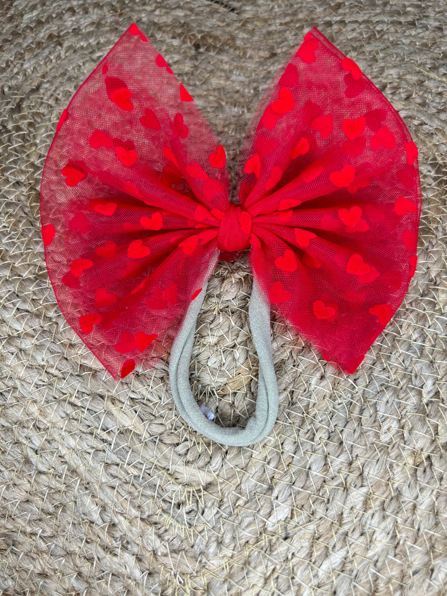 Red w red hearts mesh nylon bow 5in RTSV