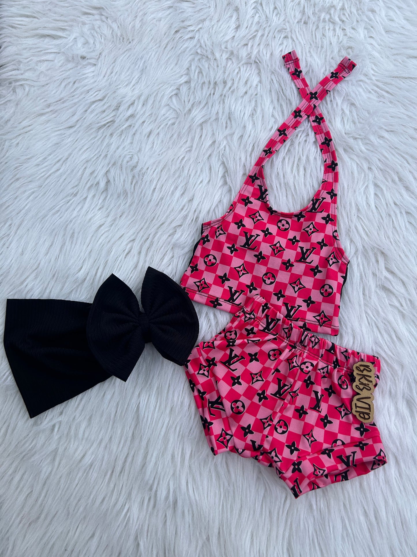 Pink checkered blacklv Halter Top & shortie set
