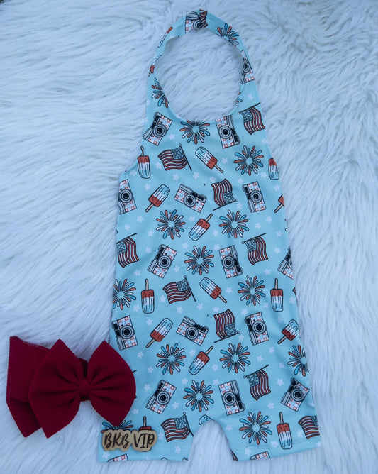 FOJ  light blue popsicle,camera flags and fire works  HALTER Ollie Romper