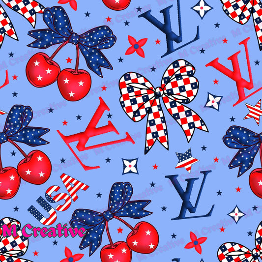 Blue with cherries and checkered bows