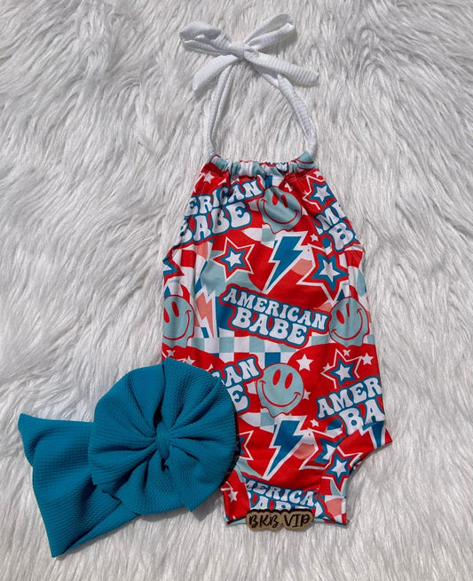 FOJ American babe w white string  Halter Romper