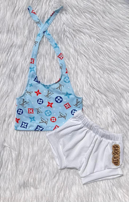 FOJ light bluelv Halter Top & white shorties