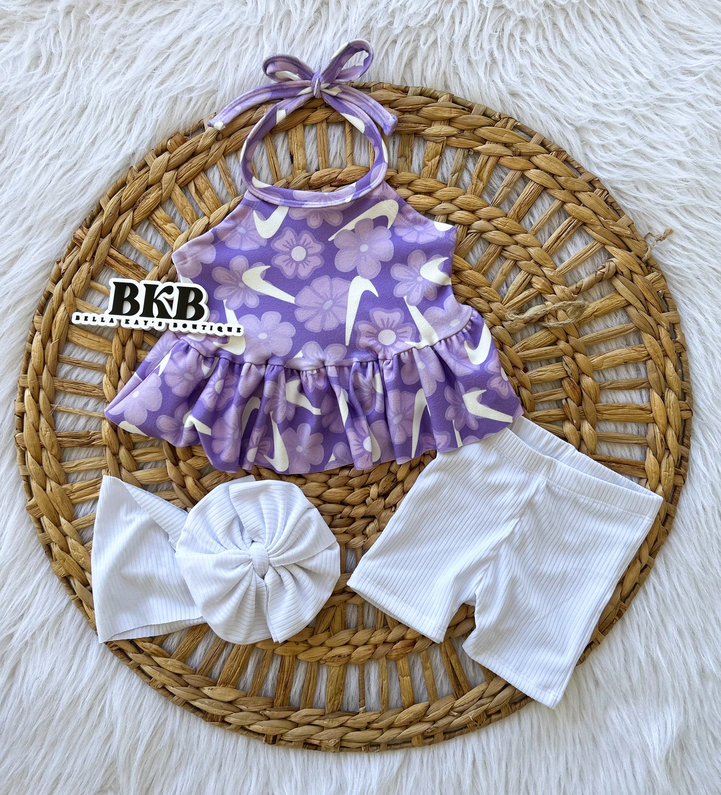 Purple flower swoosh Olive halter top & white biker shorts