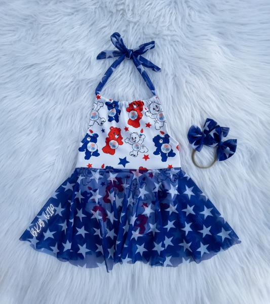 FOJ carebear Halter Romper w star mesh skirt