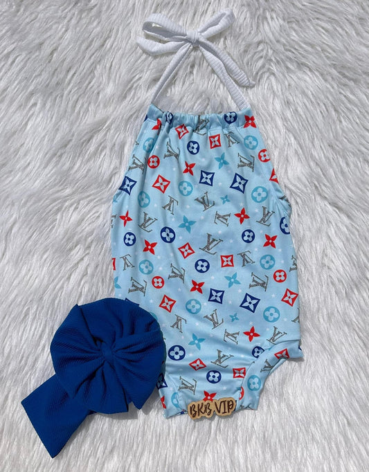 FOJ light bluelv w white string Halter Romper