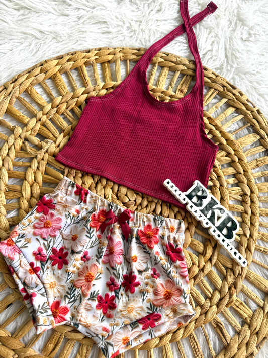 2T 3D maroon halter top & Shortie set READY TO SHIP