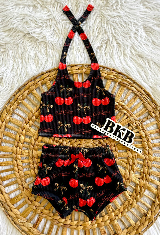 Urban ribbed black w cherryslv halter top & shorties