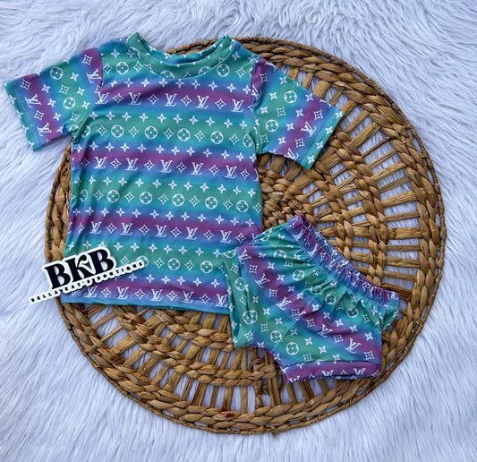 Green & Purple ombrélv T-Shirt & shorties set