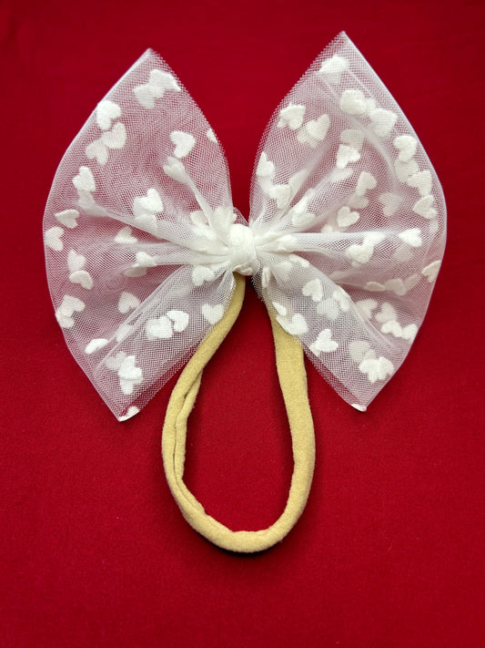 White w white hearts mesh nylon bow 5in RTSV