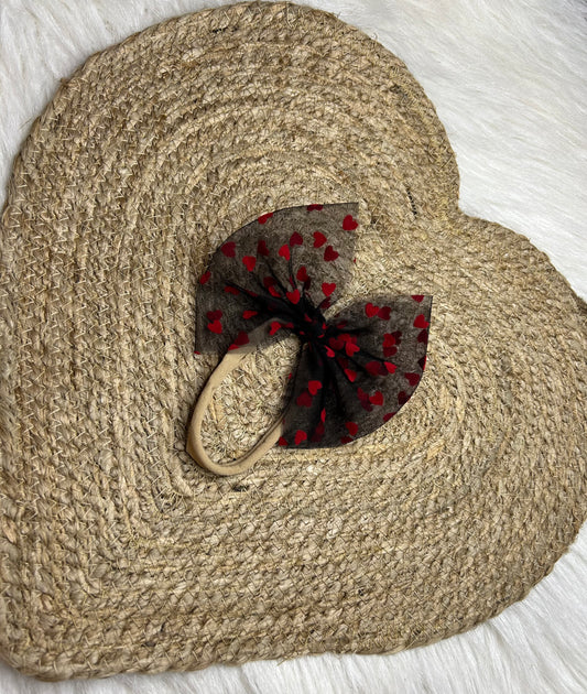 Black w red hearts mesh nylon bow 5in RTSV