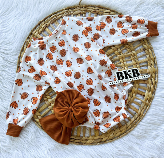 Pumpkin and dots long sleeve romper