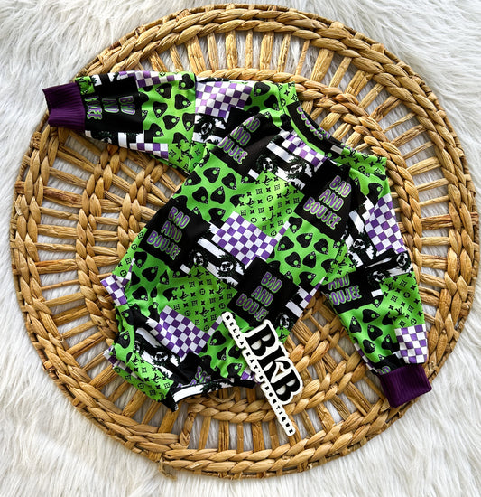 Beetlejuice LONG SLEEVE ROMPER w purple cuff