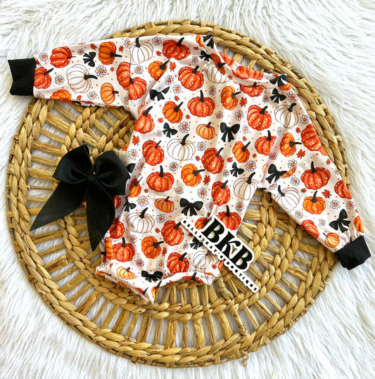 Fall pumpkin w black cuff long sleeve romper